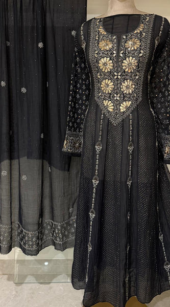 Mul Chanderi Anarkali Kurta Dupatta Set with Elegant Mukaish Work