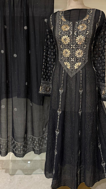 Mul Chanderi Anarkali Kurta Dupatta Set with Elegant Mukaish Work