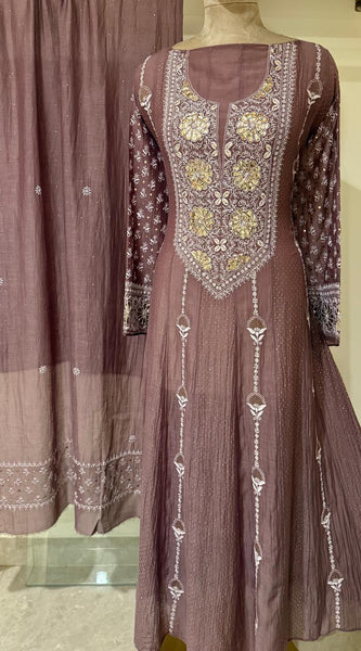 Mul Chanderi Anarkali Kurta Dupatta Set with Elegant Mukaish Work