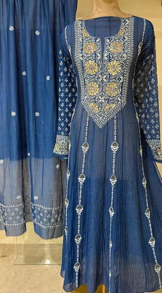Mul Chanderi Anarkali Kurta Dupatta Set with Elegant Mukaish Work