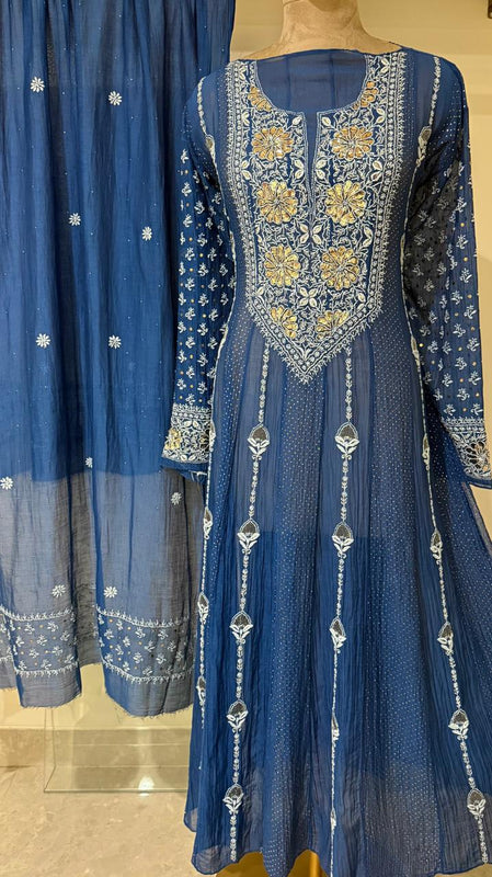 Mul Chanderi Anarkali Kurta Dupatta Set with Elegant Mukaish Work