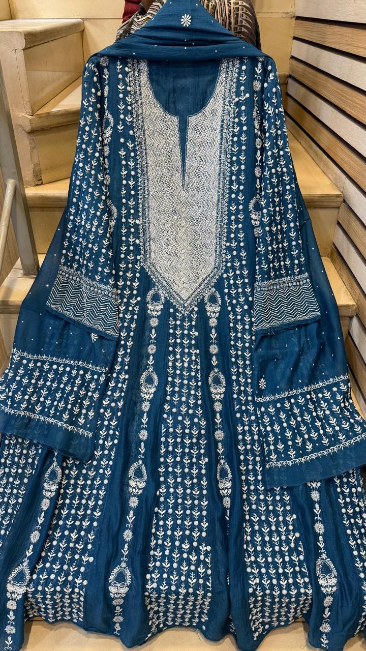 Pure Mul Chanderi Semi-Stitched Kurta Dupatta Set with Pearl & Katdana