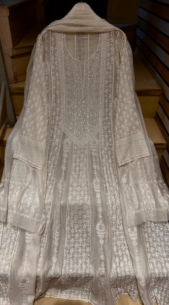 Pure Mul Chanderi Semi-Stitched Kurta Dupatta Set with Pearl & Katdana