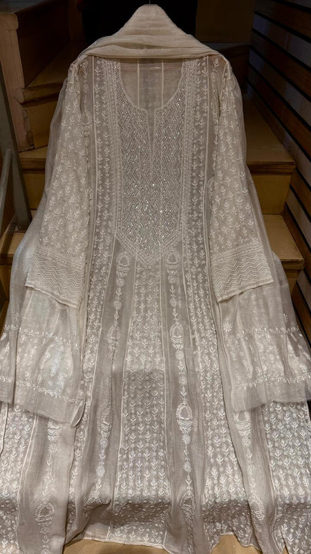 Pure Mul Chanderi Semi-Stitched Kurta Dupatta Set with Pearl & Katdana