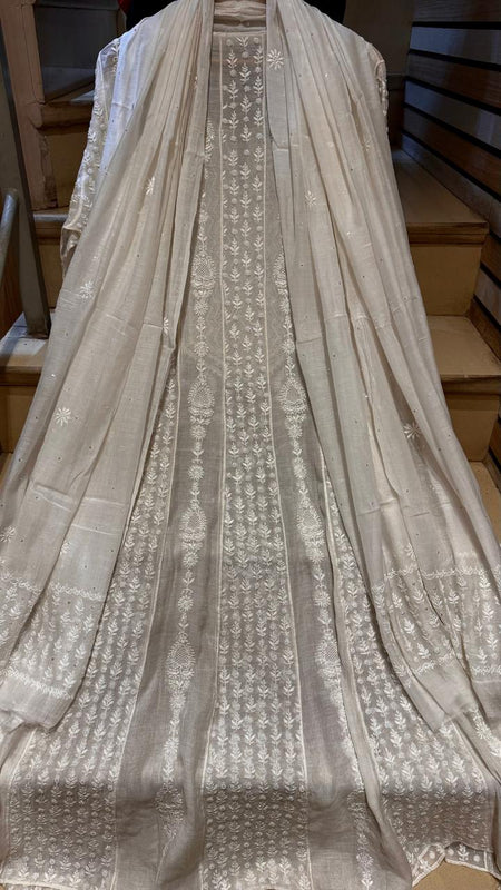 Pure Mul Chanderi Semi-Stitched Kurta Dupatta Set with Pearl & Katdana