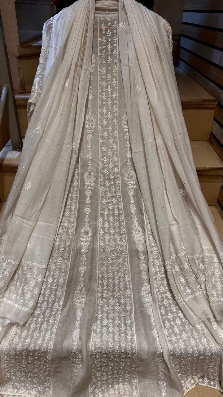 Pure Mul Chanderi Semi-Stitched Kurta Dupatta Set with Pearl & Katdana
