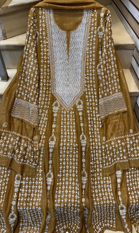 Pure Mul Chanderi Semi-Stitched Kurta Dupatta Set with Pearl & Katdana