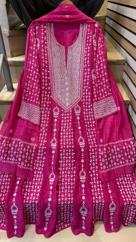 Pure Mul Chanderi Semi-Stitched Kurta Dupatta Set with Pearl & Katdana