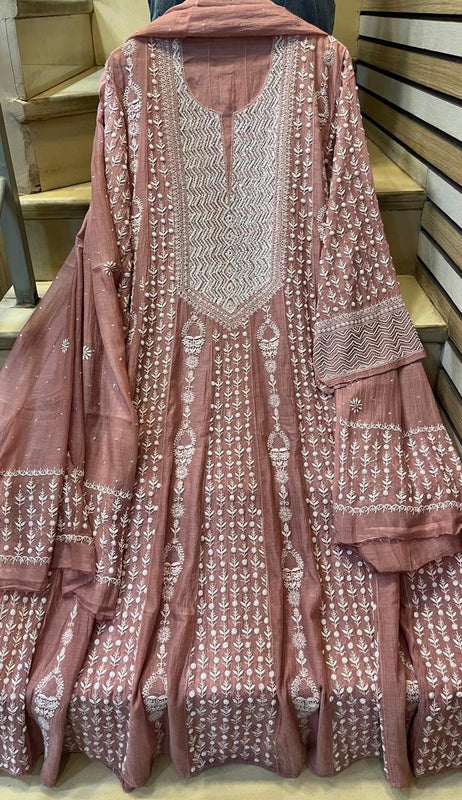 Pure Mul Chanderi Semi-Stitched Kurta Dupatta Set with Pearl & Katdana