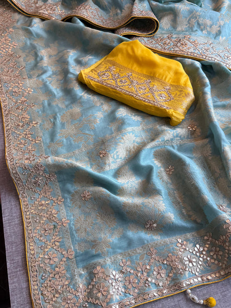 Pure Munga Silk Banarasi Saree with Zardozi, Sequins, Gotapatti & Pearl Embellishments