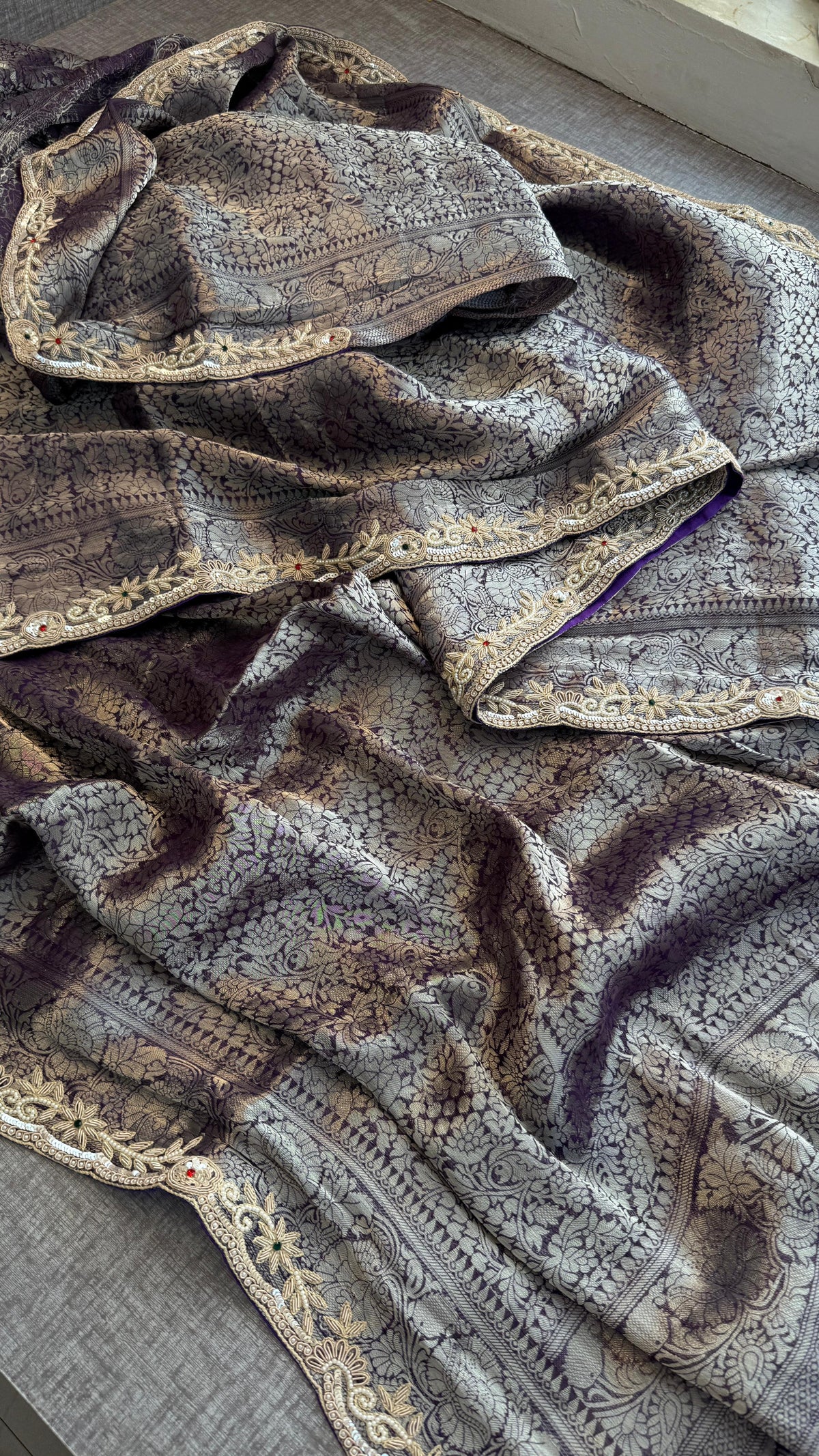 Pure Khaddi Georgette Banarasi Saree with Zardozi, Sequins, Pearls & Premium Stones