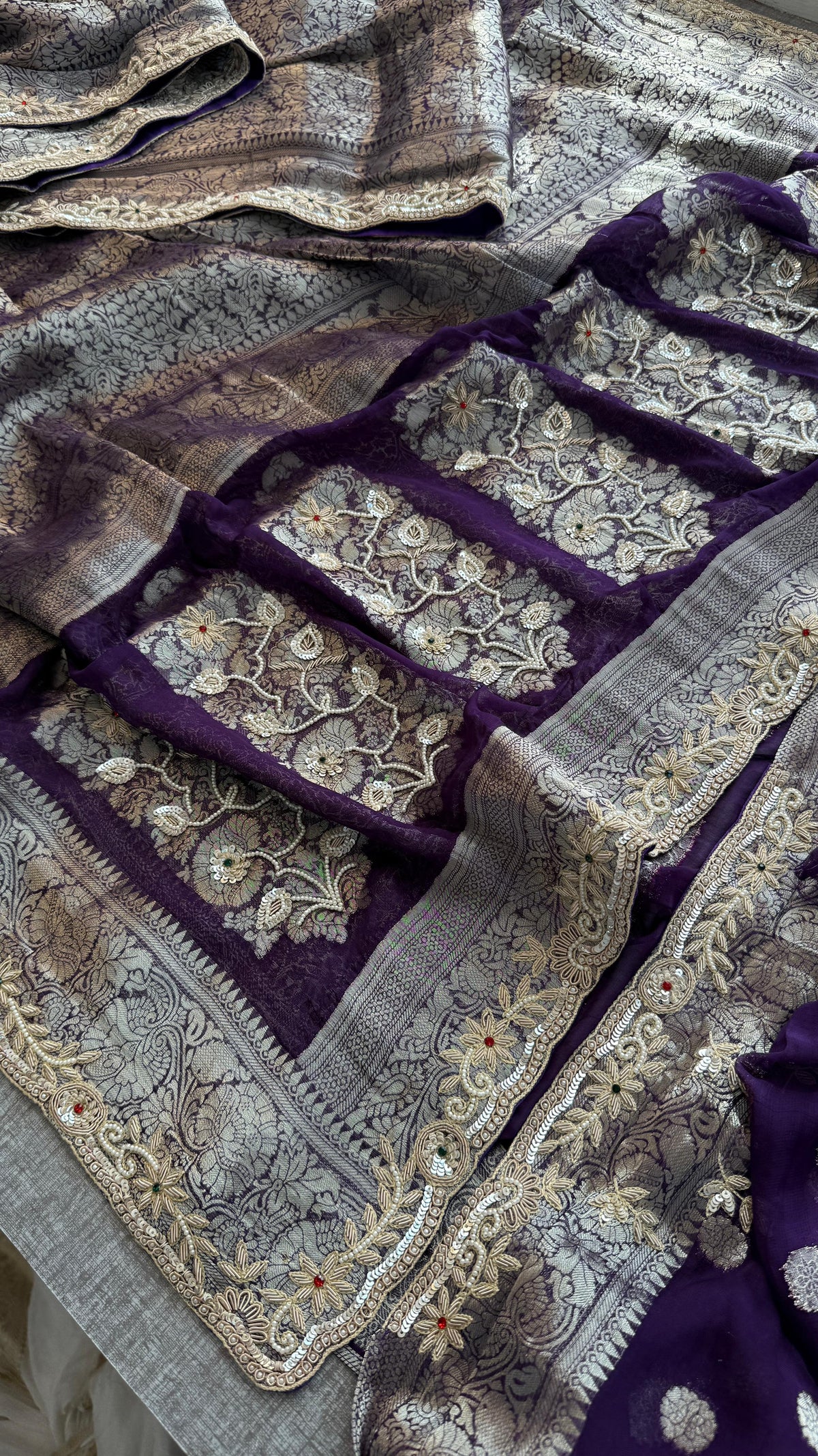 Pure Khaddi Georgette Banarasi Saree with Zardozi, Sequins, Pearls & Premium Stones