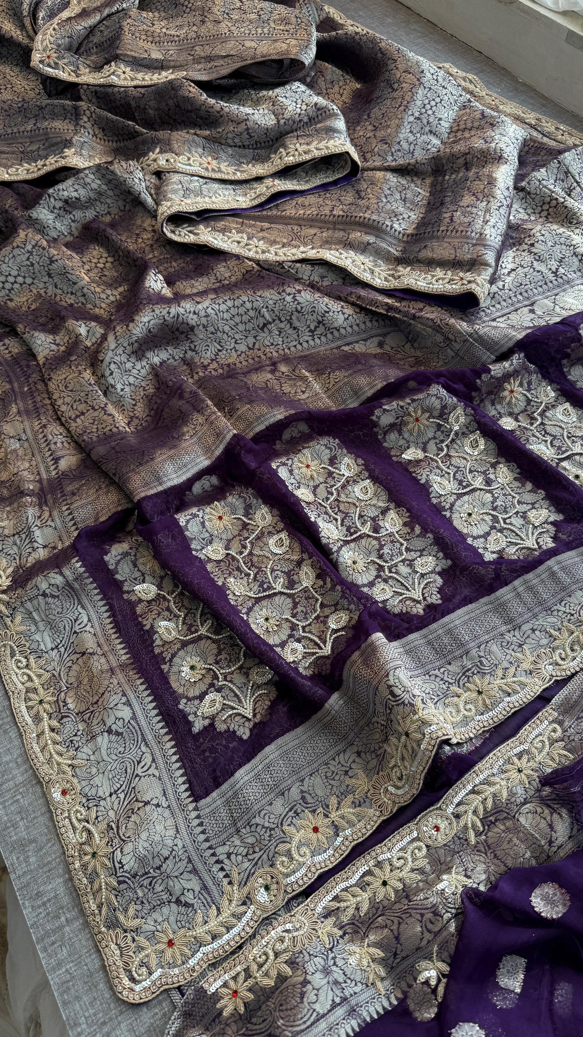 Pure Khaddi Georgette Banarasi Saree with Zardozi, Sequins, Pearls & Premium Stones