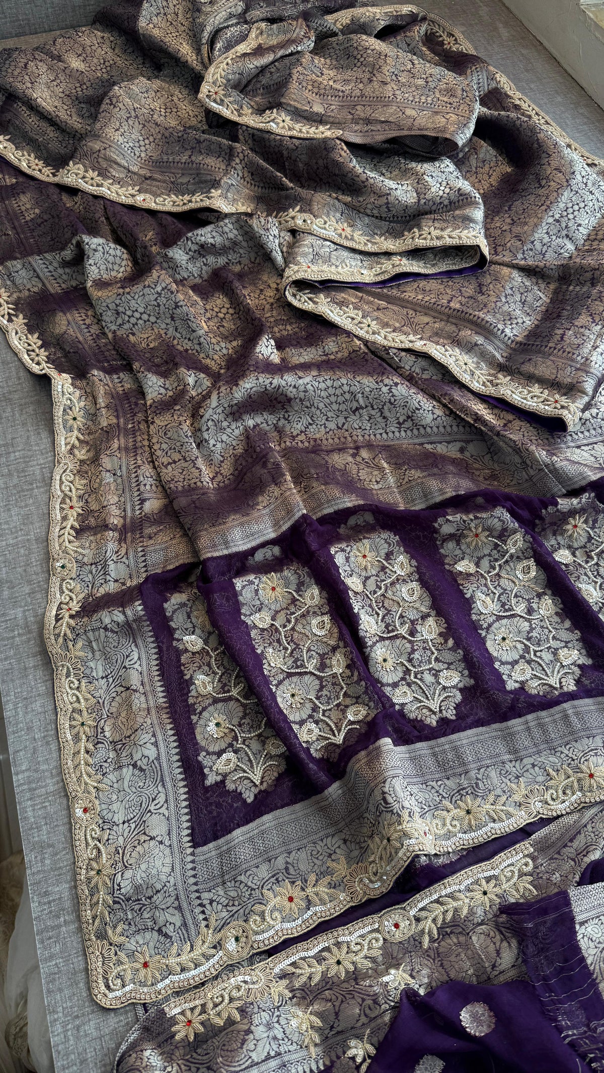 Pure Khaddi Georgette Banarasi Saree with Zardozi, Sequins, Pearls & Premium Stones
