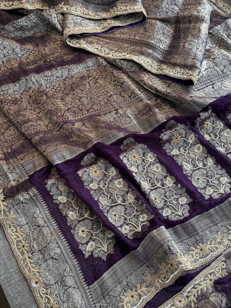 Pure Khaddi Georgette Banarasi Saree with Zardozi, Sequins, Pearls & Premium Stones