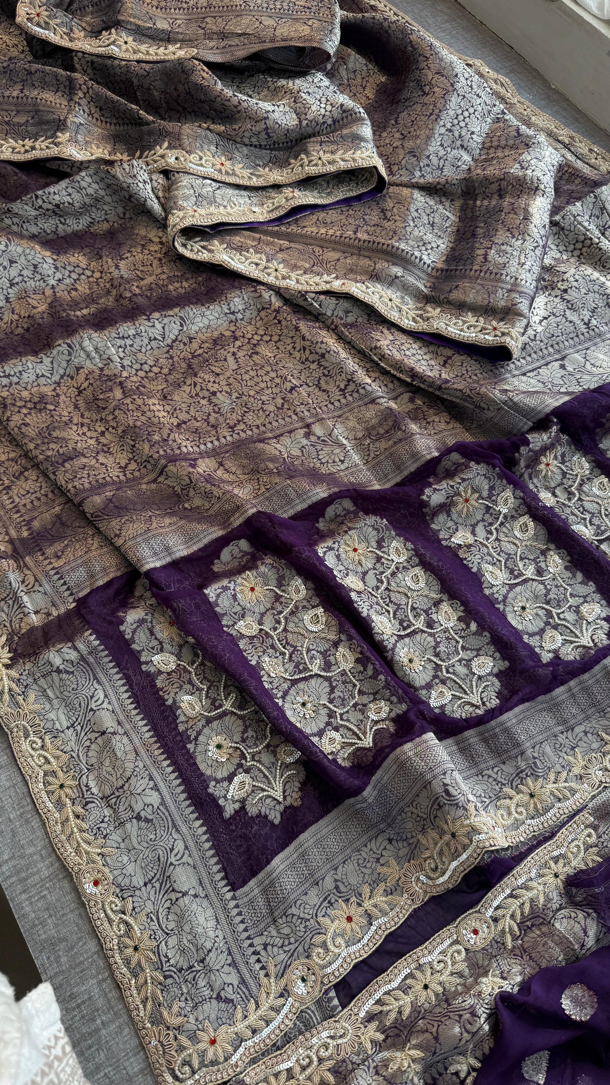 Pure Khaddi Georgette Banarasi Saree with Zardozi, Sequins, Pearls & Premium Stones