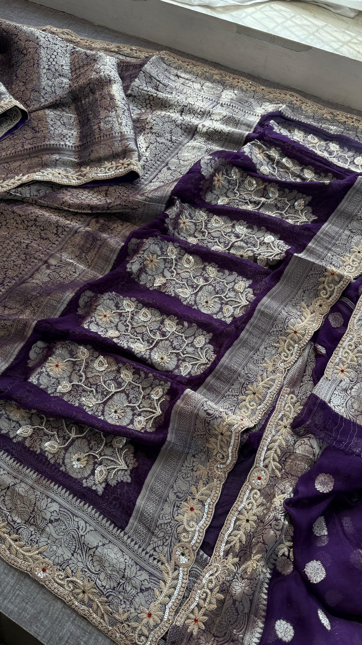 Pure Khaddi Georgette Banarasi Saree with Zardozi, Sequins, Pearls & Premium Stones
