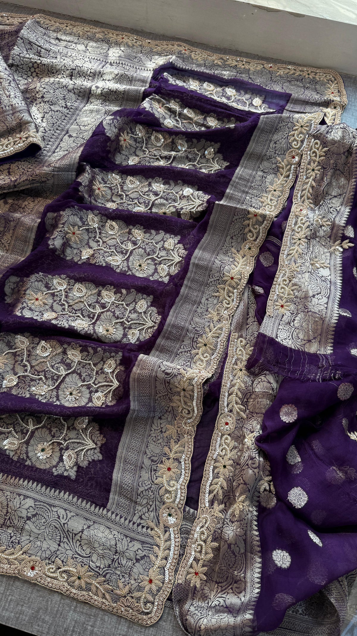 Pure Khaddi Georgette Banarasi Saree with Zardozi, Sequins, Pearls & Premium Stones