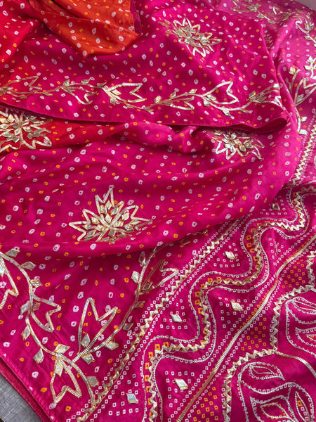 Pure Munga Silk Bandhej Saree with Sikhiya & Gotta Handwork
