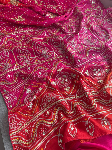 Pure Munga Silk Bandhej Saree with Sikhiya & Gotta Handwork