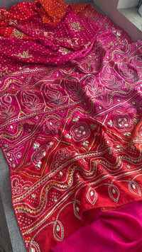Pure Munga Silk Bandhej Saree with Sikhiya & Gotta Handwork
