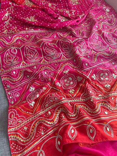 Pure Munga Silk Bandhej Saree with Sikhiya & Gotta Handwork