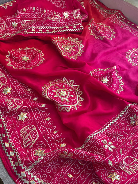 Pure Munga Silk Saree with Traditional Sikhiya & Gotapatti Handwork