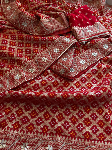 Pure Khaddi Georgette Banarasi Saree with Zardozi, Gotapatti & Pearl Embellishments