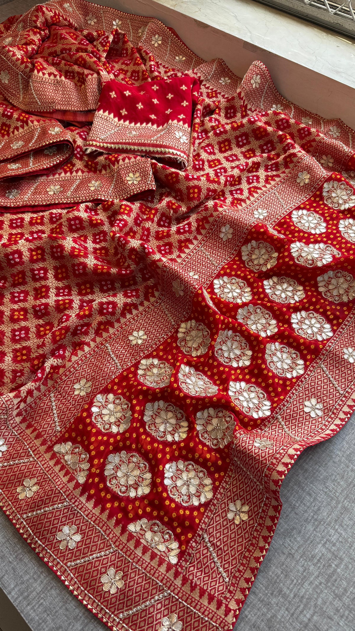 Pure Khaddi Georgette Banarasi Saree with Zardozi, Gotapatti & Pearl Embellishments