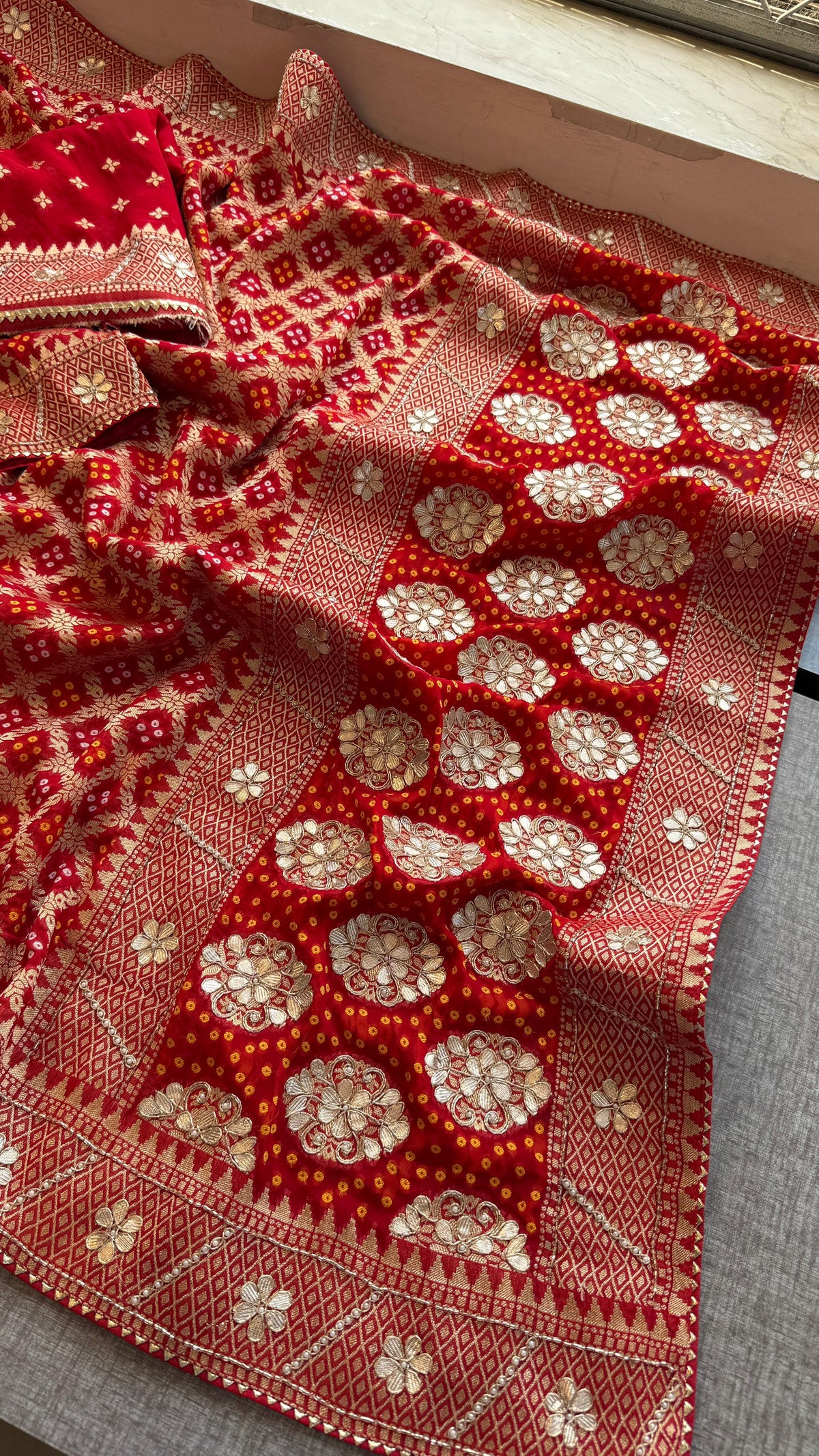 Pure Khaddi Georgette Banarasi Saree with Zardozi, Gotapatti & Pearl Embellishments
