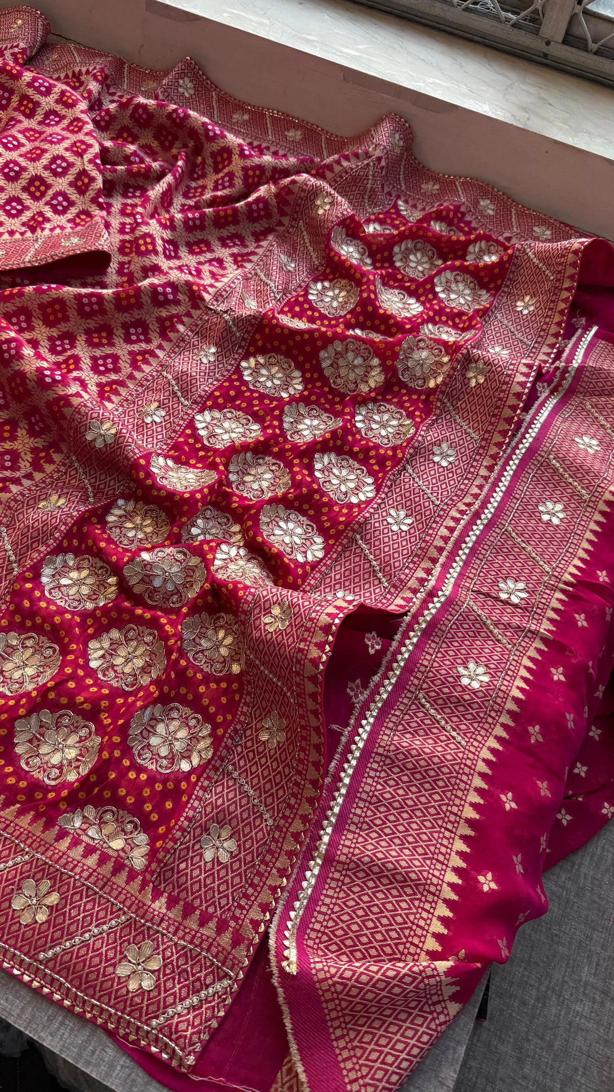 Pure Khaddi Georgette Banarasi Saree with Zardozi, Gotapatti & Pearl Embellishments