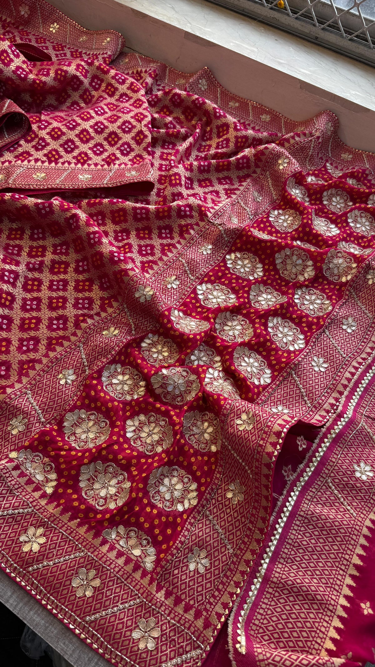 Pure Khaddi Georgette Banarasi Saree with Zardozi, Gotapatti & Pearl Embellishments
