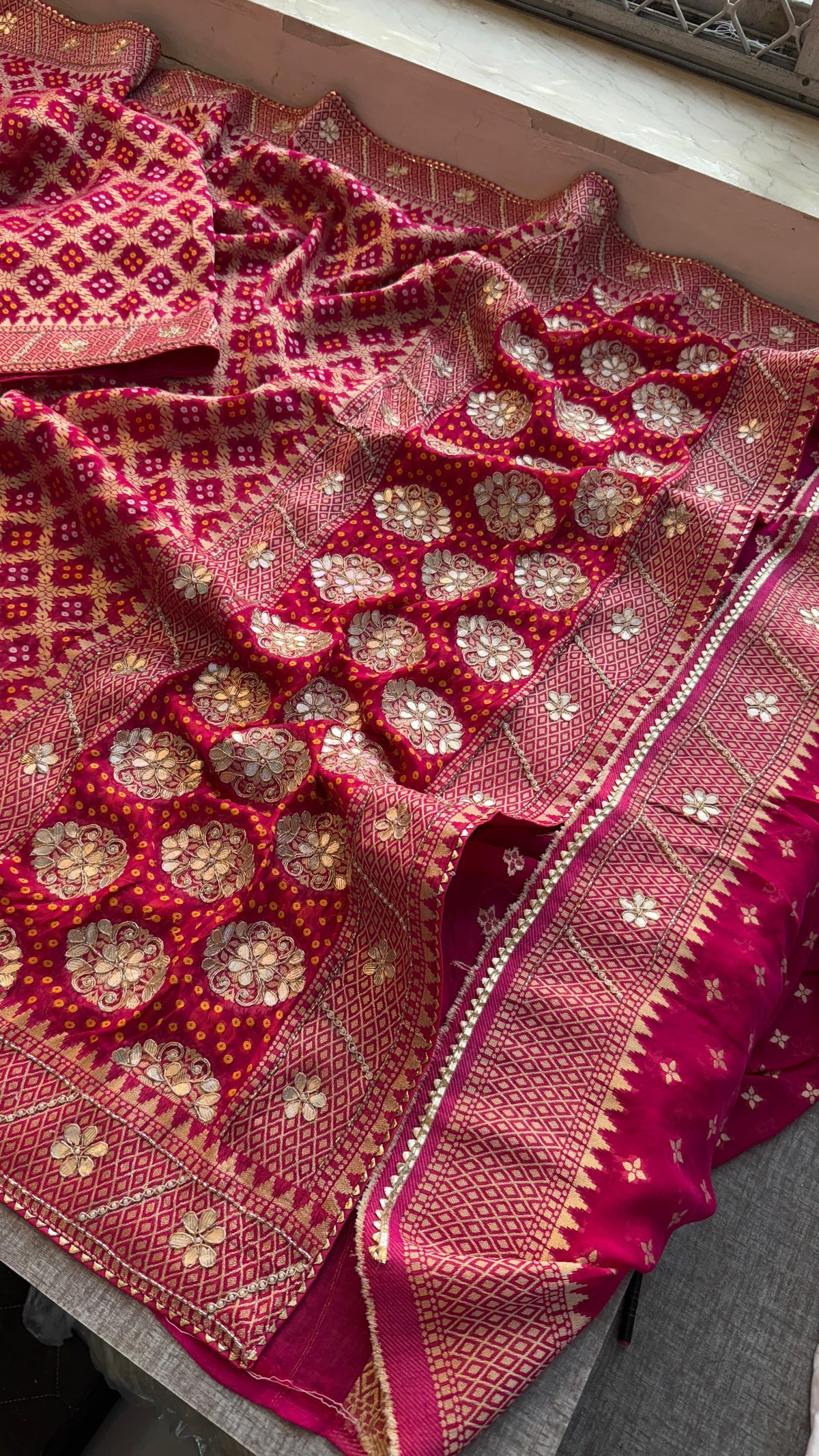 Pure Khaddi Georgette Banarasi Saree with Zardozi, Gotapatti & Pearl Embellishments