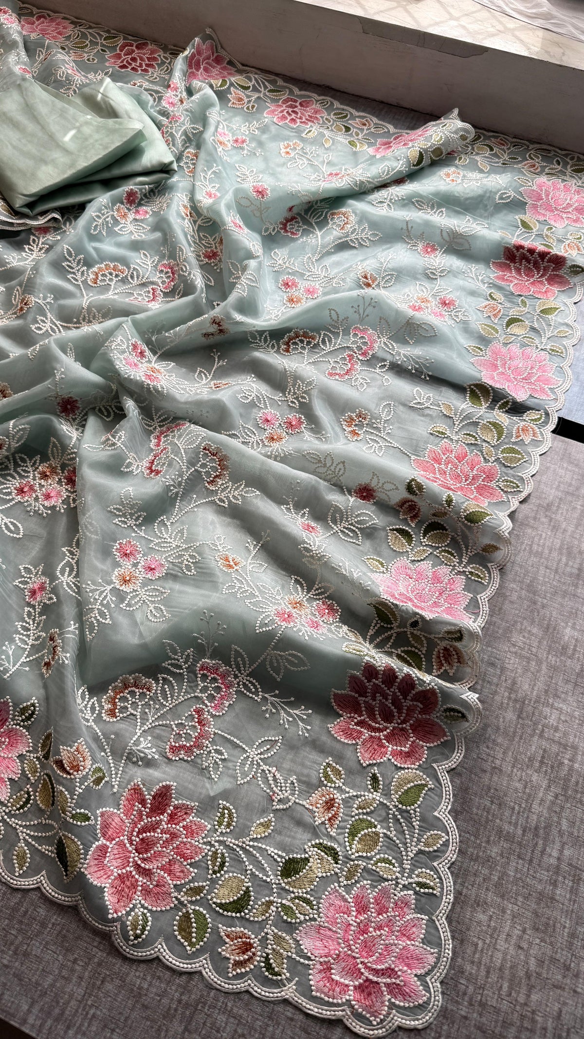 Pure Soft Organza Silk Saree with Multi-Thread Floral Embroidery