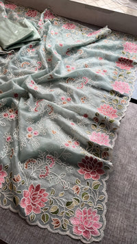 Pure Soft Organza Silk Saree with Multi-Thread Floral Embroidery