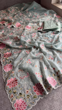 Pure Soft Organza Silk Saree with Multi-Thread Floral Embroidery