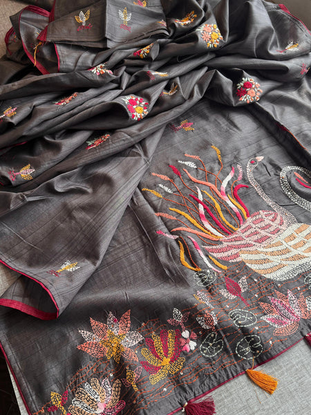 Pure Tussar Linen Silk Saree with Hand Knot Embroidery
