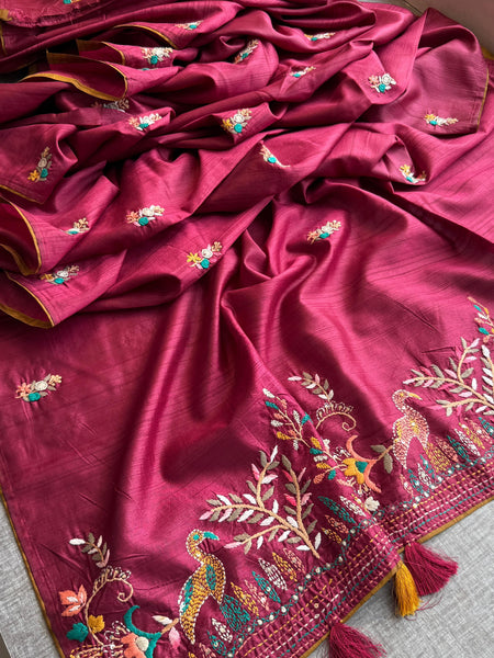 Pure Tussar Linen Silk Saree with Hand Knot Embroidery
