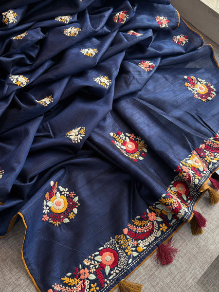 Pure Tussar Linen Silk Saree with Hand Knot Embroidery