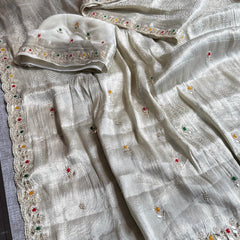Pure Khaddi Georgette Silk Saree with Pearl & Zardozi Embroidery