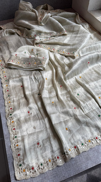 Pure Khaddi Georgette Silk Saree with Pearl & Zardozi Embroidery
