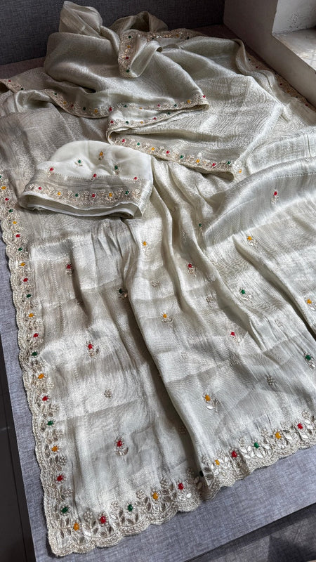 Pure Khaddi Georgette Silk Saree with Pearl & Zardozi Embroidery