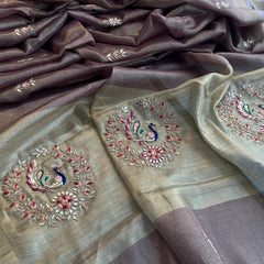 Tissue Linen Banarasi Silk Saree with Pearl & Resham Work