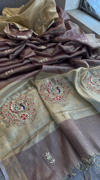 Tissue Linen Banarasi Silk Saree with Pearl & Resham Work