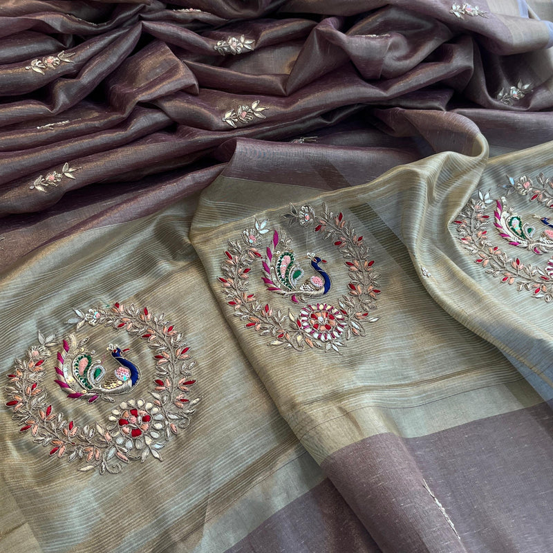 Tissue Linen Banarasi Silk Saree with Pearl & Resham Work