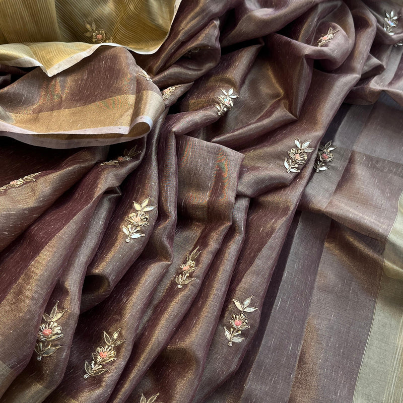 Tissue Linen Banarasi Silk Saree with Pearl & Resham Work