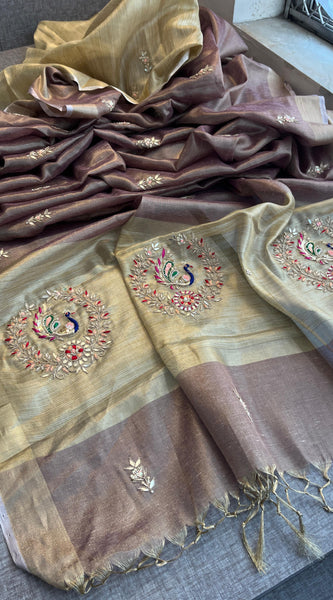 Tissue Linen Banarasi Silk Saree with Pearl & Resham Work