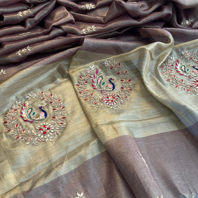 Tissue Linen Banarasi Silk Saree with Pearl & Resham Work