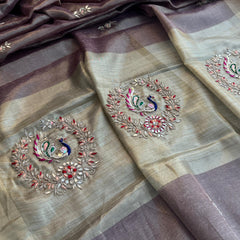 Tissue Linen Banarasi Silk Saree with Pearl & Resham Work