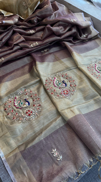 Tissue Linen Banarasi Silk Saree with Pearl & Resham Work